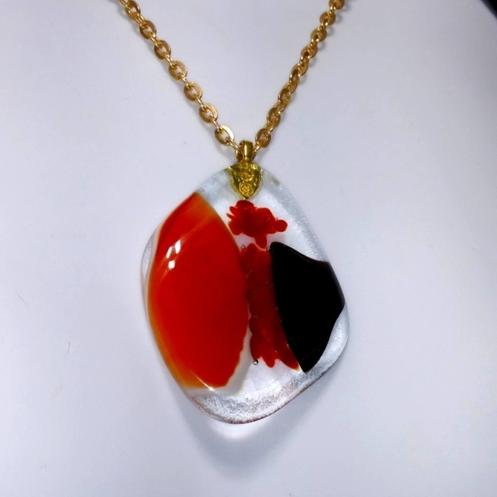 STUNNING Red Black Handmade Fused Glass PENDANT NECKLACE on Gold Chain